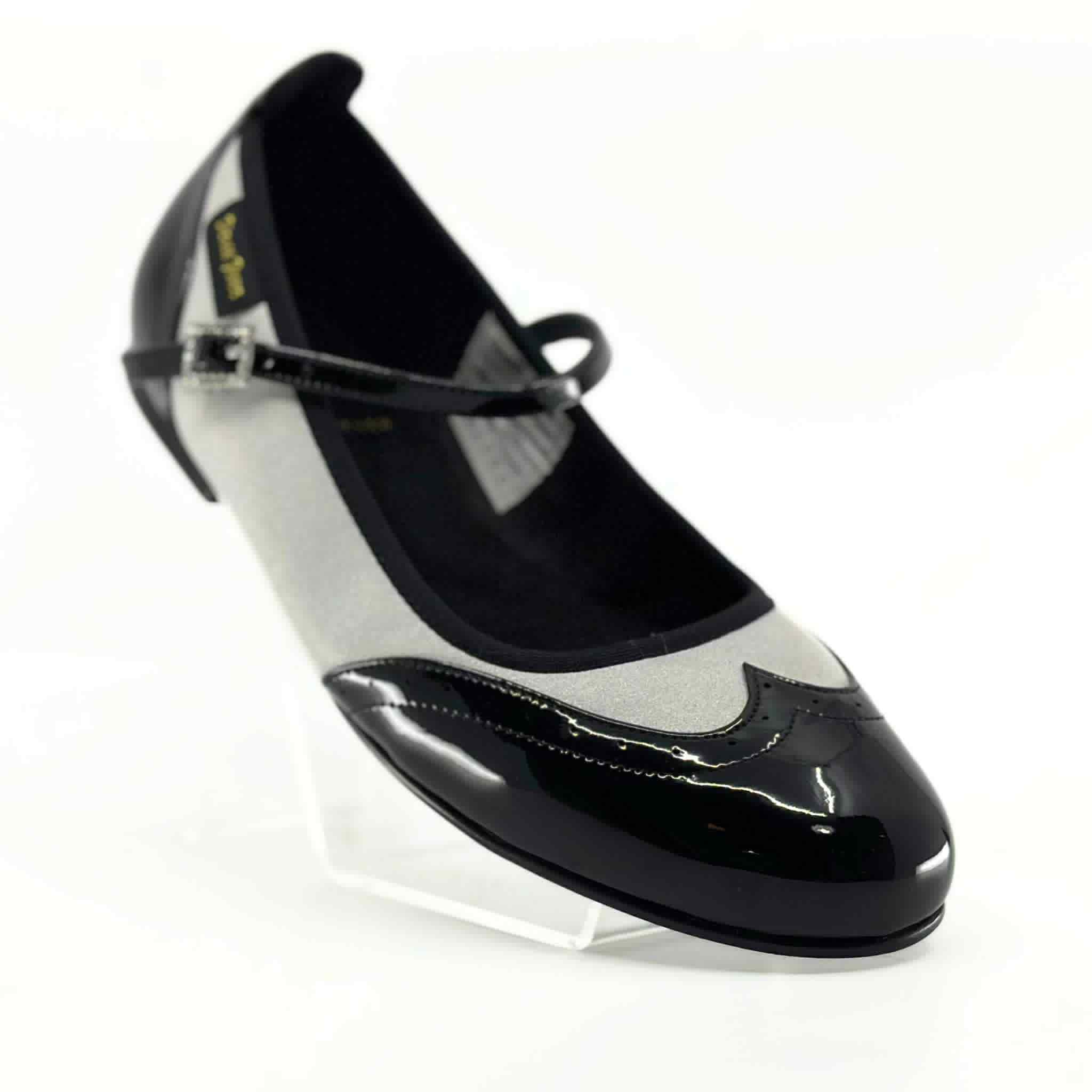 2083BS - Ladies, Mary Jane In Black Patent Leather and silver sparkle